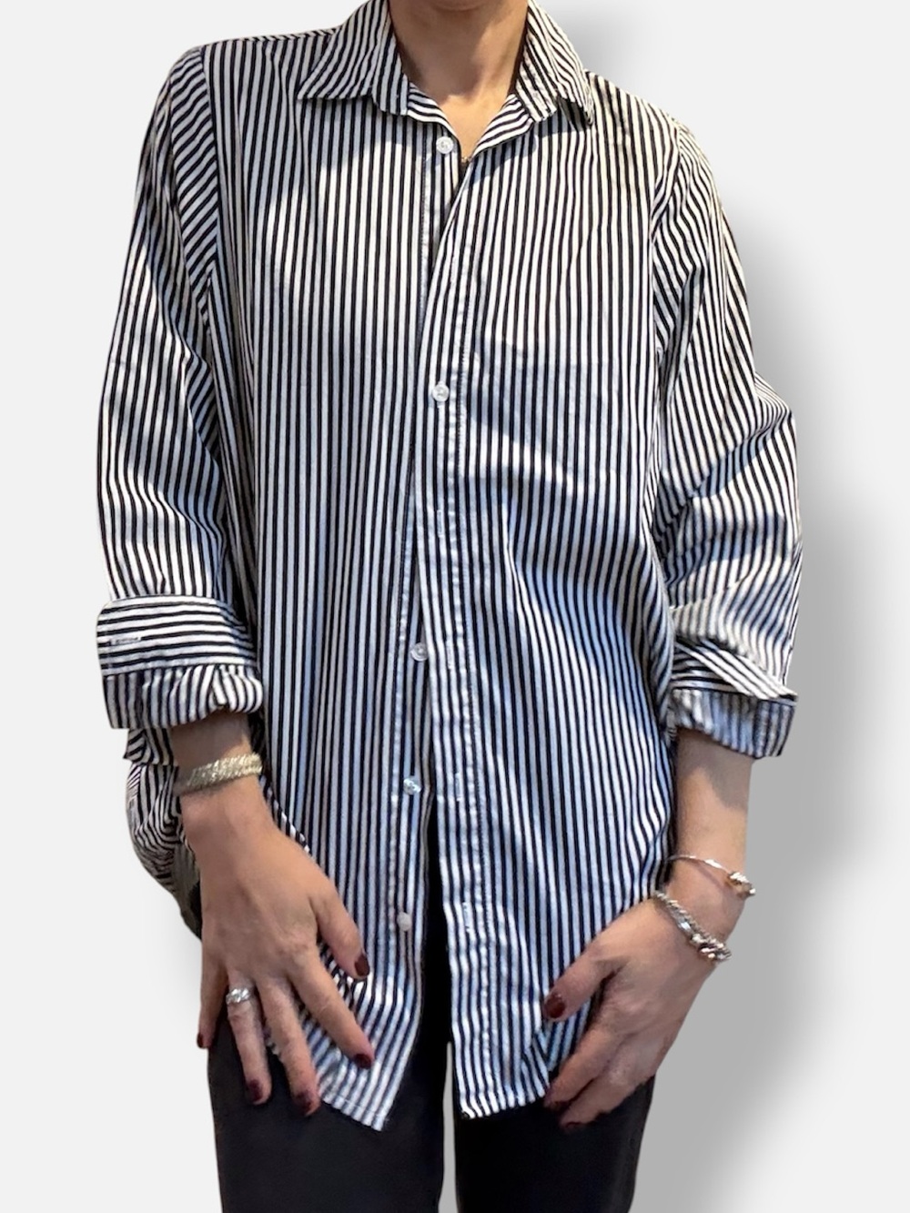 Eleanor Leftwich Black & White Vertical Stripe Button-Up Eleanor Shirt